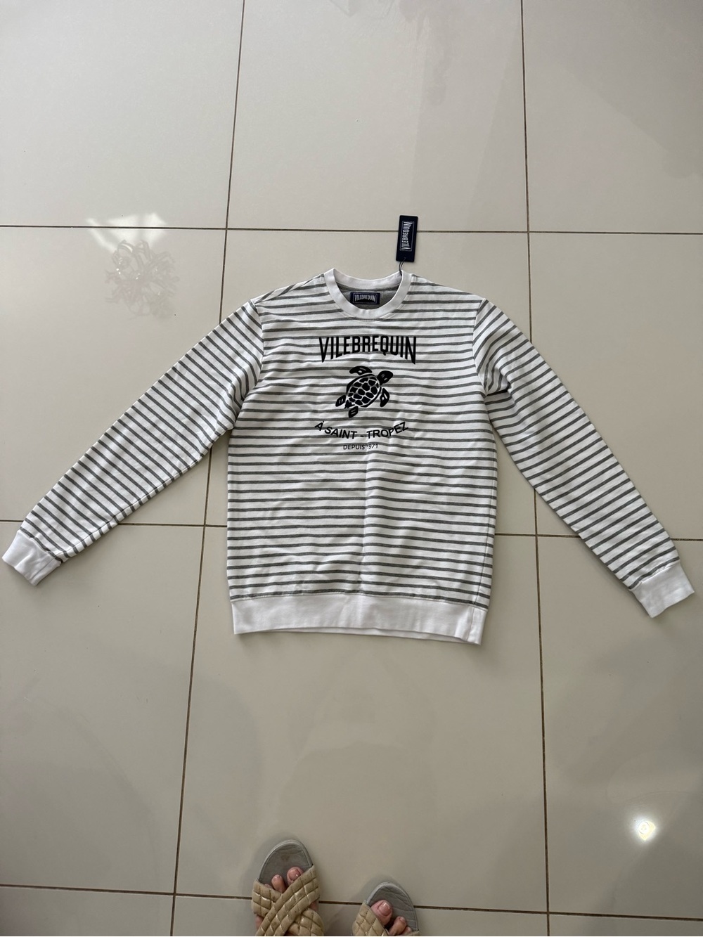 Vilebrequin White & Gray Striped Turtle Graphic Men's Sweater - Size medium